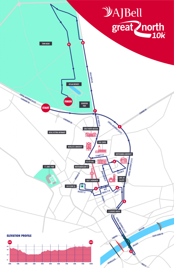 AJ Bell Great North 10k Route Map 2023
