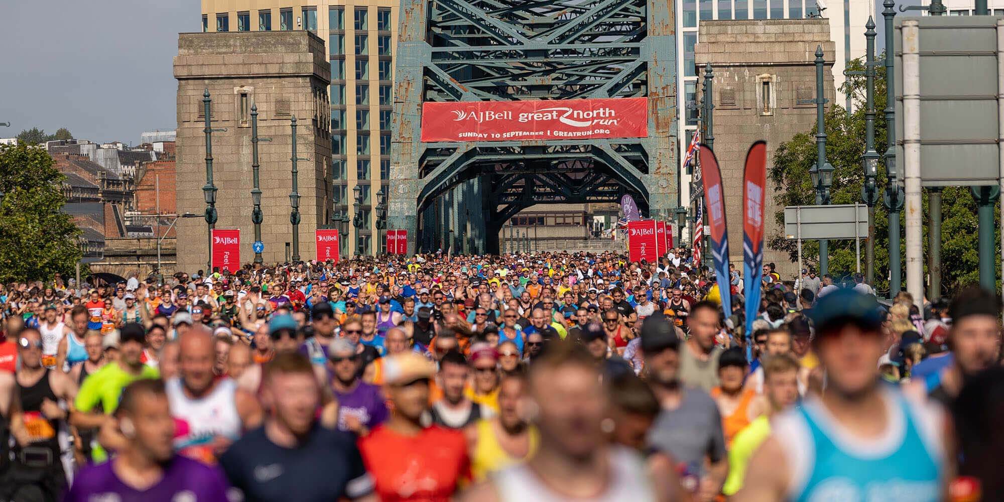 thousands of Great North Run runners on the Tyne Bridge.