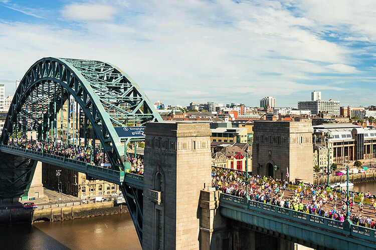 Thousands of runners crossing the Tyne Bridge at the Great North Run